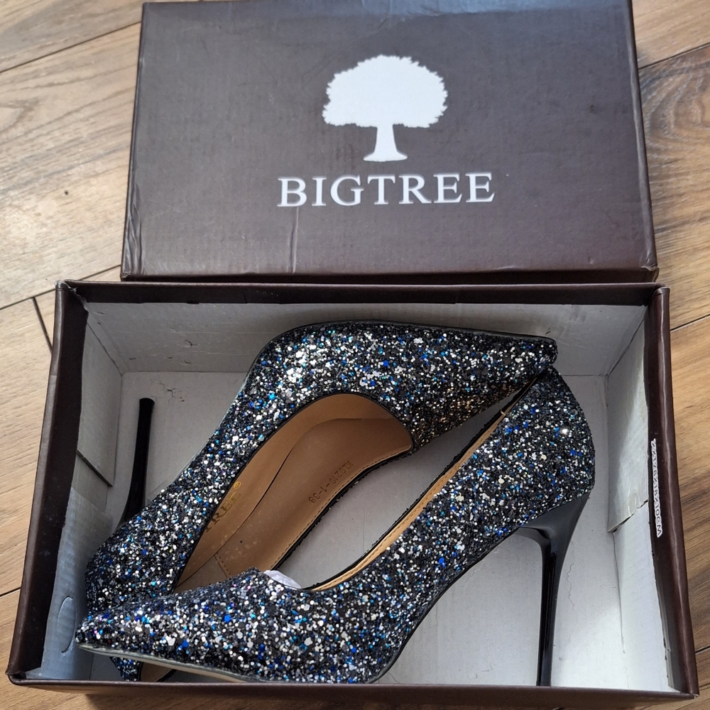BIGTREE Silver, Blue and Black Glitter Heels
